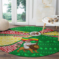 Ethiopia Christmas Round Carpet with Santa Riding Lion Ethiopian Flag Colors and Tribal Pattern Design - Wonder Print Shop