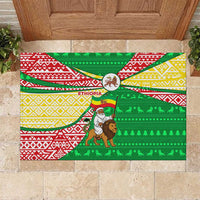 Ethiopia Christmas Rubber Doormat with Santa Riding Lion Ethiopian Flag Colors and Tribal Pattern Design - Wonder Print Shop