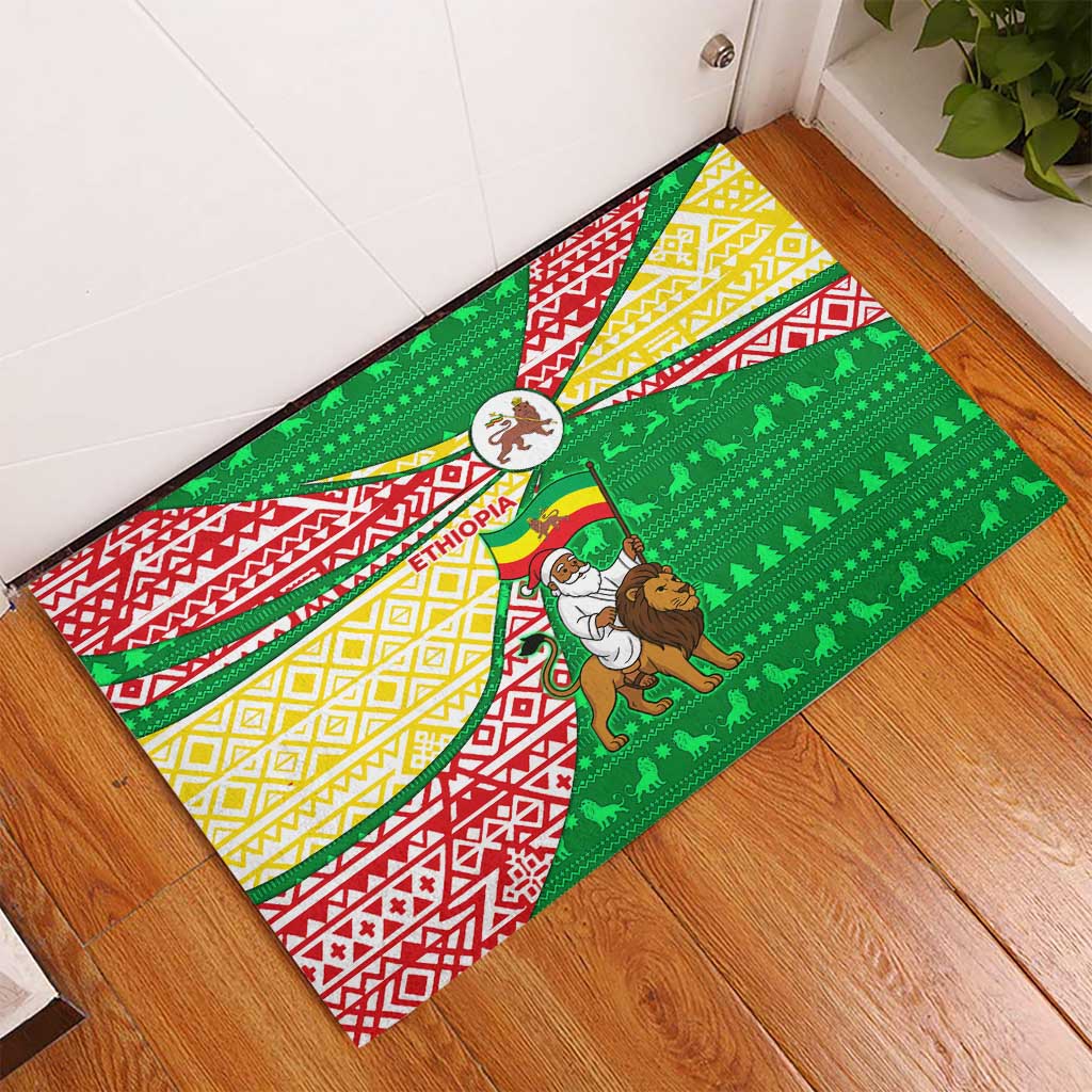 Ethiopia Christmas Rubber Doormat with Santa Riding Lion Ethiopian Flag Colors and Tribal Pattern Design - Wonder Print Shop