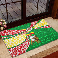 Ethiopia Christmas Rubber Doormat with Santa Riding Lion Ethiopian Flag Colors and Tribal Pattern Design - Wonder Print Shop
