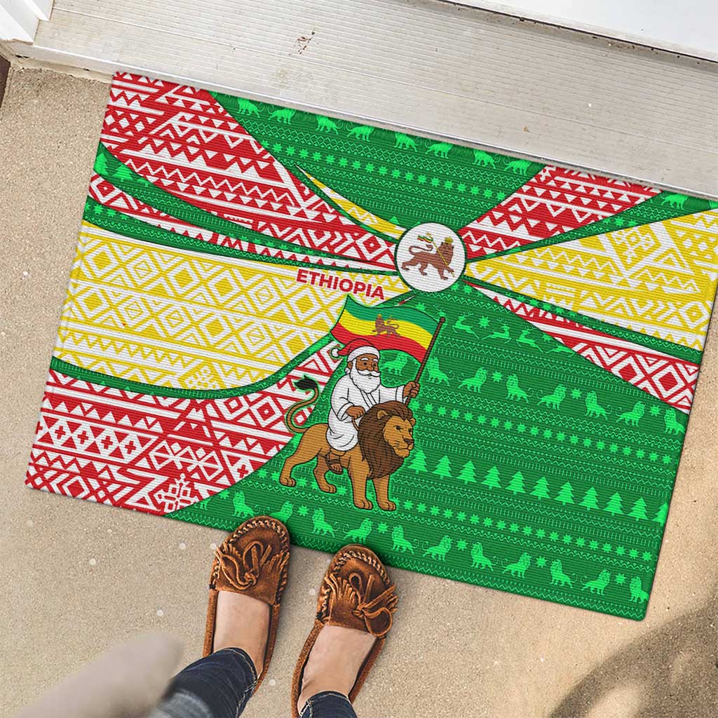 Ethiopia Christmas Rubber Doormat with Santa Riding Lion Ethiopian Flag Colors and Tribal Pattern Design - Wonder Print Shop
