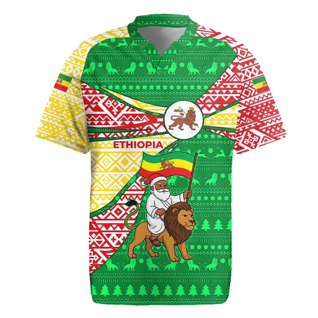 Ethiopia Christmas Rugby Jersey with Santa Riding Lion Ethiopian Flag Colors and Tribal Pattern Design - Wonder Print Shop