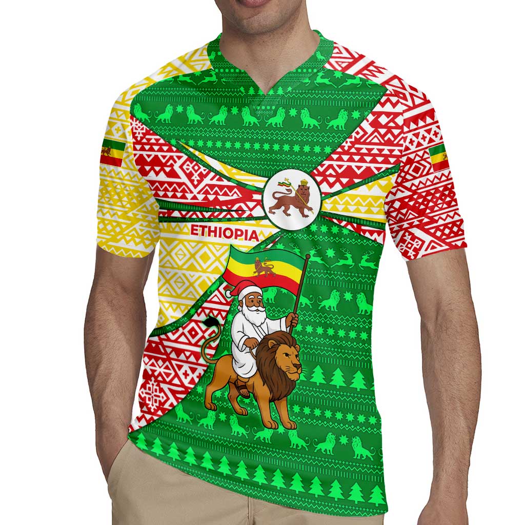 Ethiopia Christmas Rugby Jersey with Santa Riding Lion Ethiopian Flag Colors and Tribal Pattern Design - Wonder Print Shop