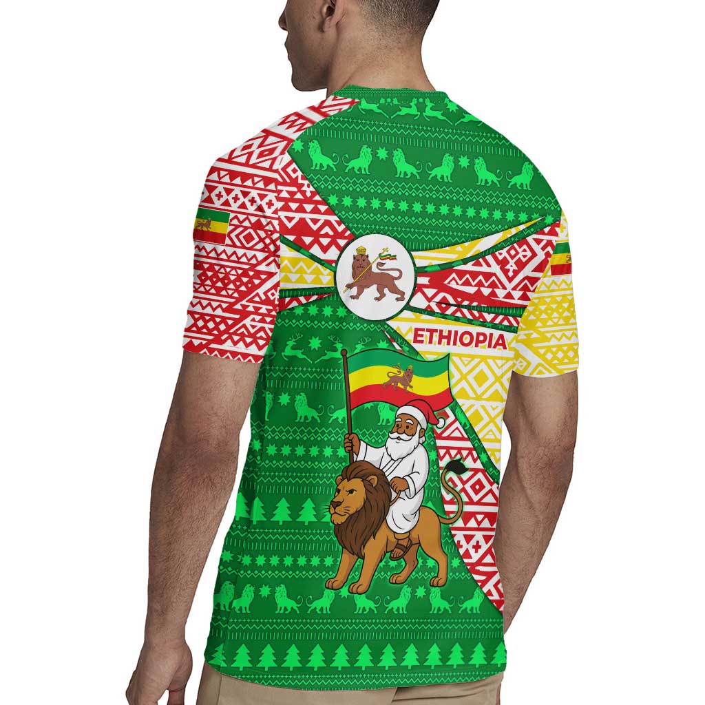 Ethiopia Christmas Rugby Jersey with Santa Riding Lion Ethiopian Flag Colors and Tribal Pattern Design - Wonder Print Shop
