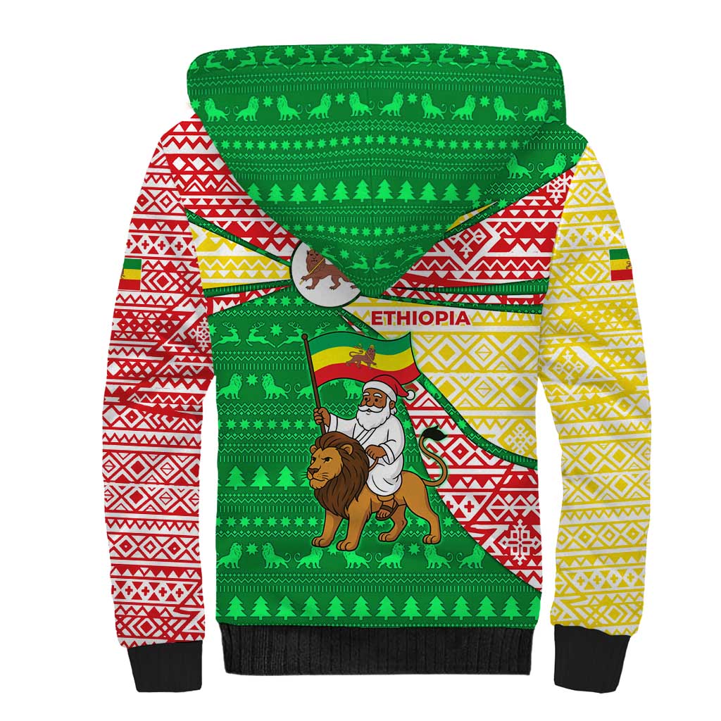 Ethiopia Christmas Sherpa Hoodie with Santa Riding Lion Ethiopian Flag Colors and Tribal Pattern Design - Wonder Print Shop