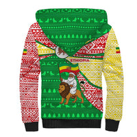 Ethiopia Christmas Sherpa Hoodie with Santa Riding Lion Ethiopian Flag Colors and Tribal Pattern Design - Wonder Print Shop