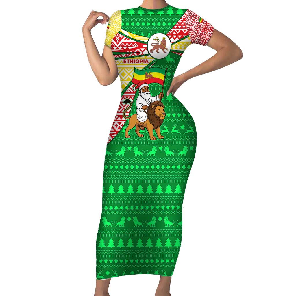 Ethiopia Christmas Short Sleeve Bodycon Dress with Santa Riding Lion Ethiopian Flag Colors and Tribal Pattern Design - Wonder Print Shop