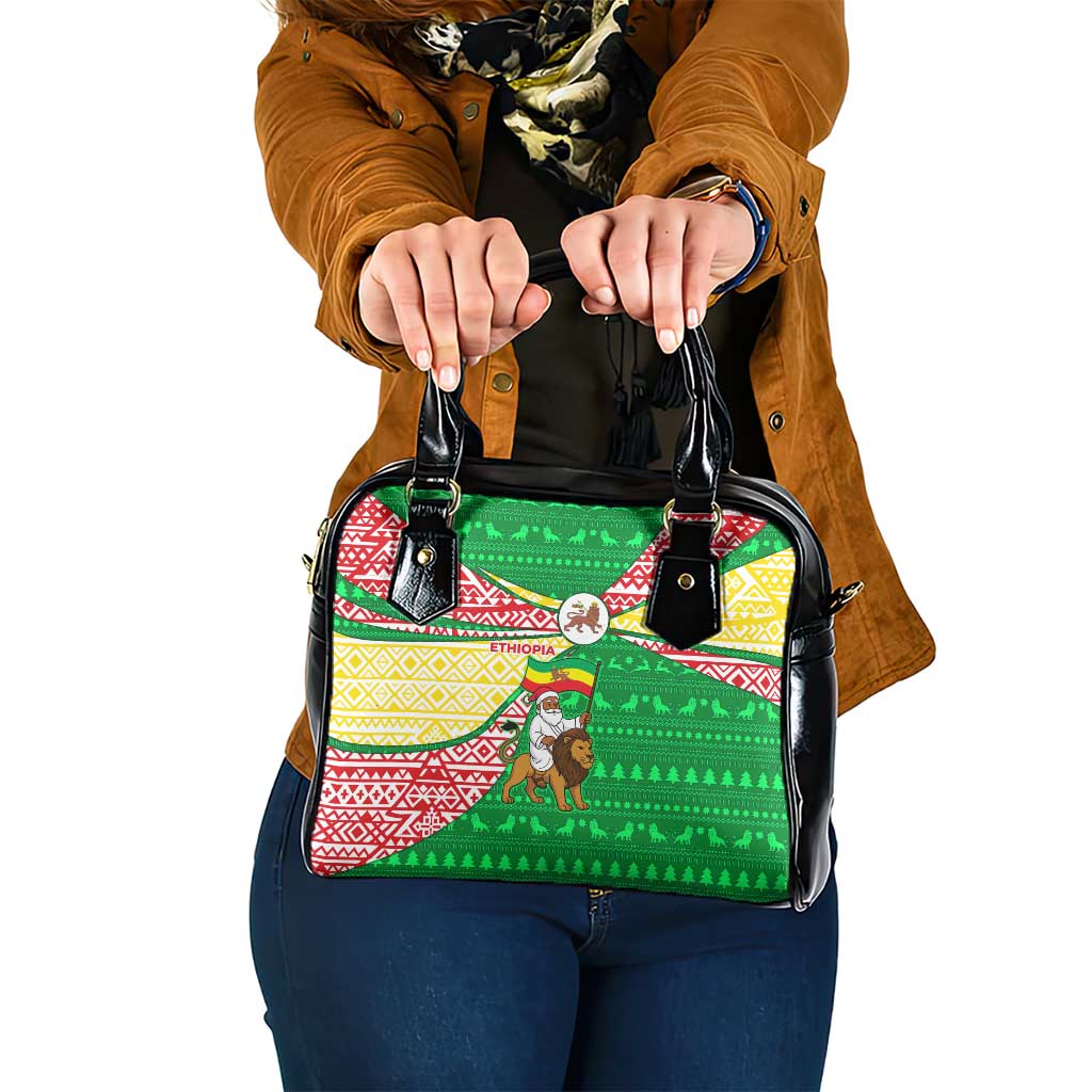 Ethiopia Christmas Shoulder Handbag with Santa Riding Lion Ethiopian Flag Colors and Tribal Pattern Design - Wonder Print Shop