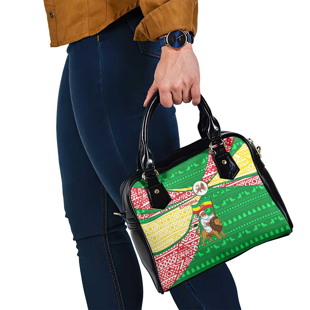 Ethiopia Christmas Shoulder Handbag with Santa Riding Lion Ethiopian Flag Colors and Tribal Pattern Design - Wonder Print Shop