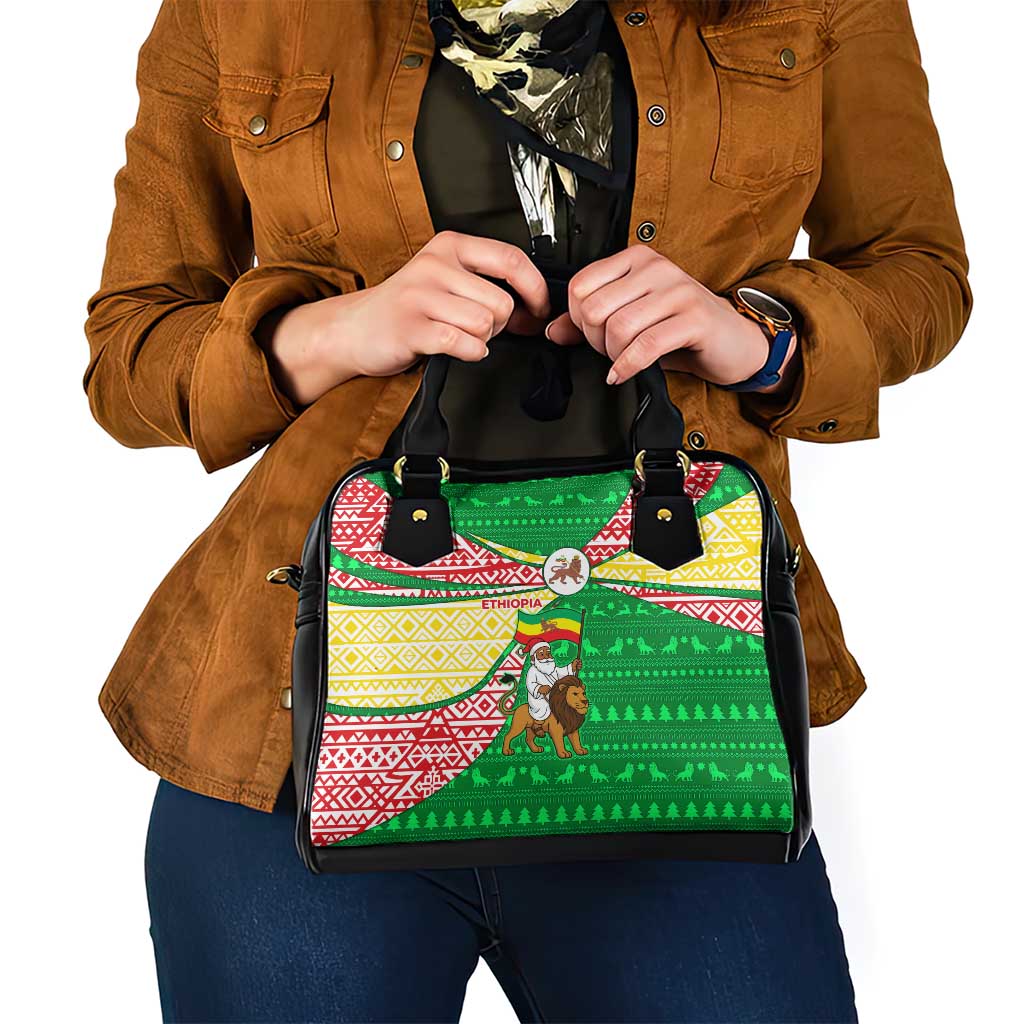 Ethiopia Christmas Shoulder Handbag with Santa Riding Lion Ethiopian Flag Colors and Tribal Pattern Design - Wonder Print Shop