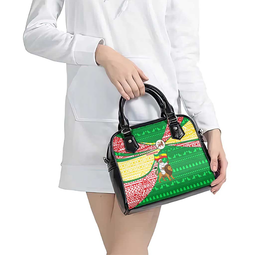 Ethiopia Christmas Shoulder Handbag with Santa Riding Lion Ethiopian Flag Colors and Tribal Pattern Design - Wonder Print Shop