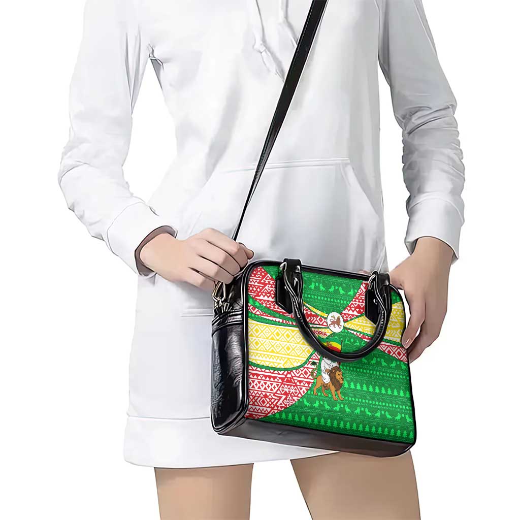 Ethiopia Christmas Shoulder Handbag with Santa Riding Lion Ethiopian Flag Colors and Tribal Pattern Design - Wonder Print Shop