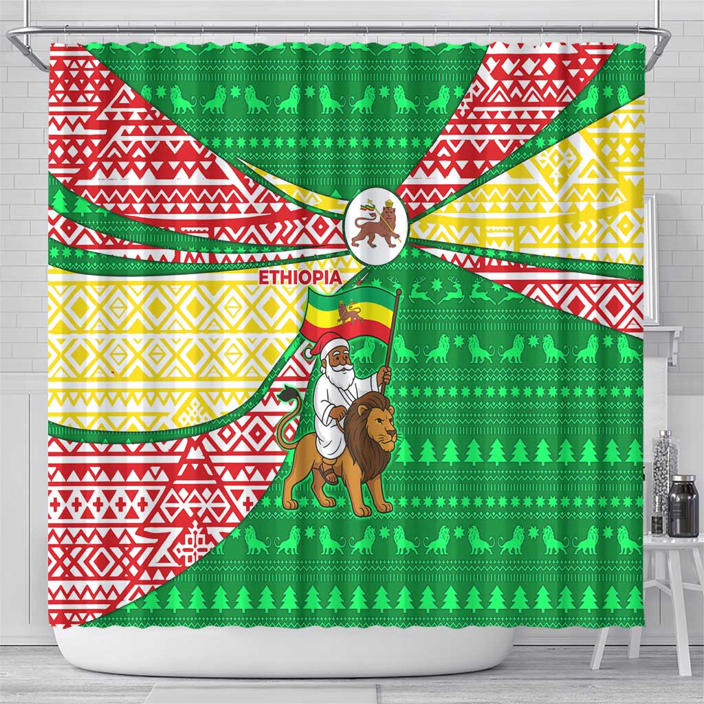 Ethiopia Christmas Shower Curtain with Santa Riding Lion Ethiopian Flag Colors and Tribal Pattern Design - Wonder Print Shop