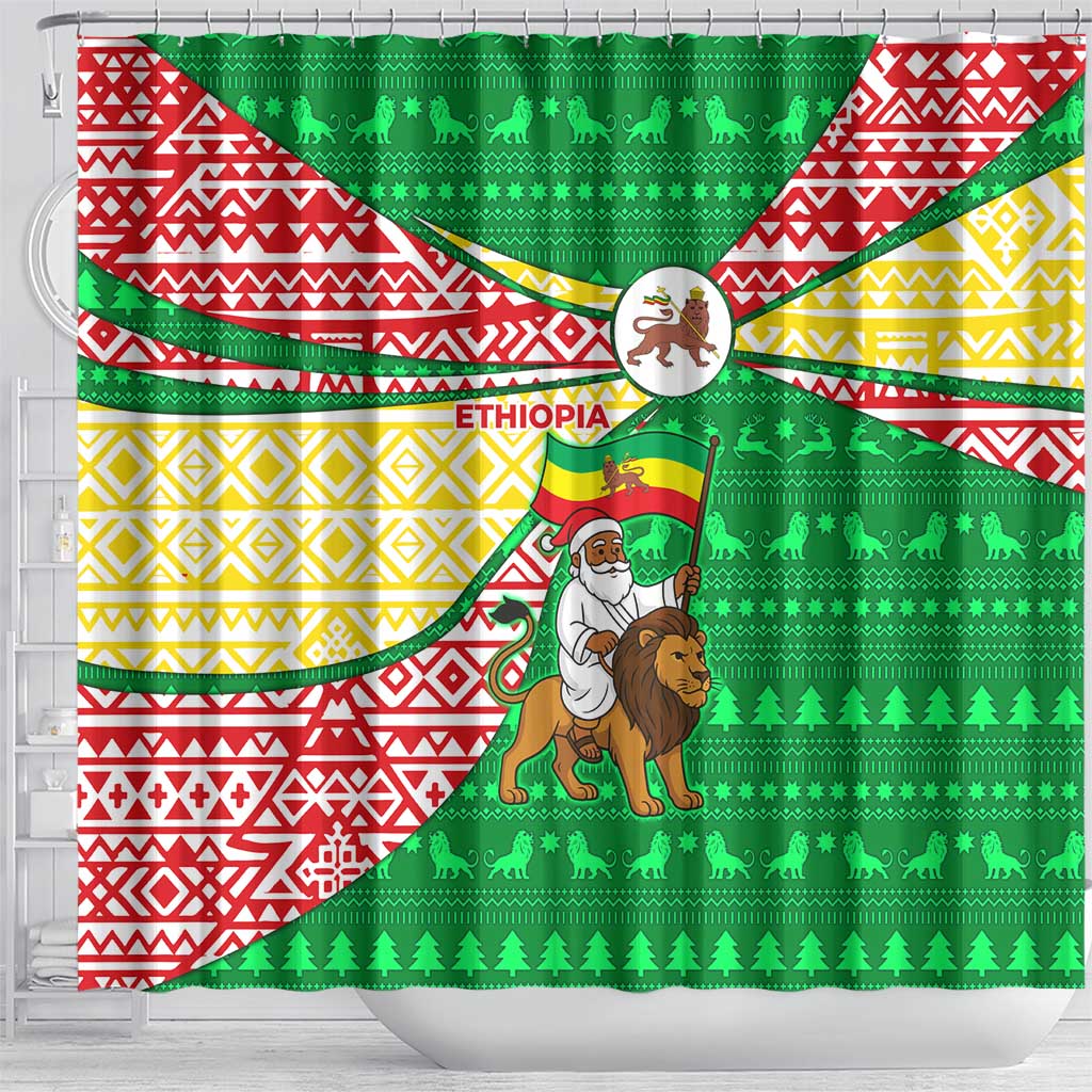 Ethiopia Christmas Shower Curtain with Santa Riding Lion Ethiopian Flag Colors and Tribal Pattern Design - Wonder Print Shop