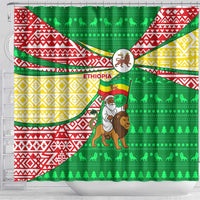 Ethiopia Christmas Shower Curtain with Santa Riding Lion Ethiopian Flag Colors and Tribal Pattern Design - Wonder Print Shop