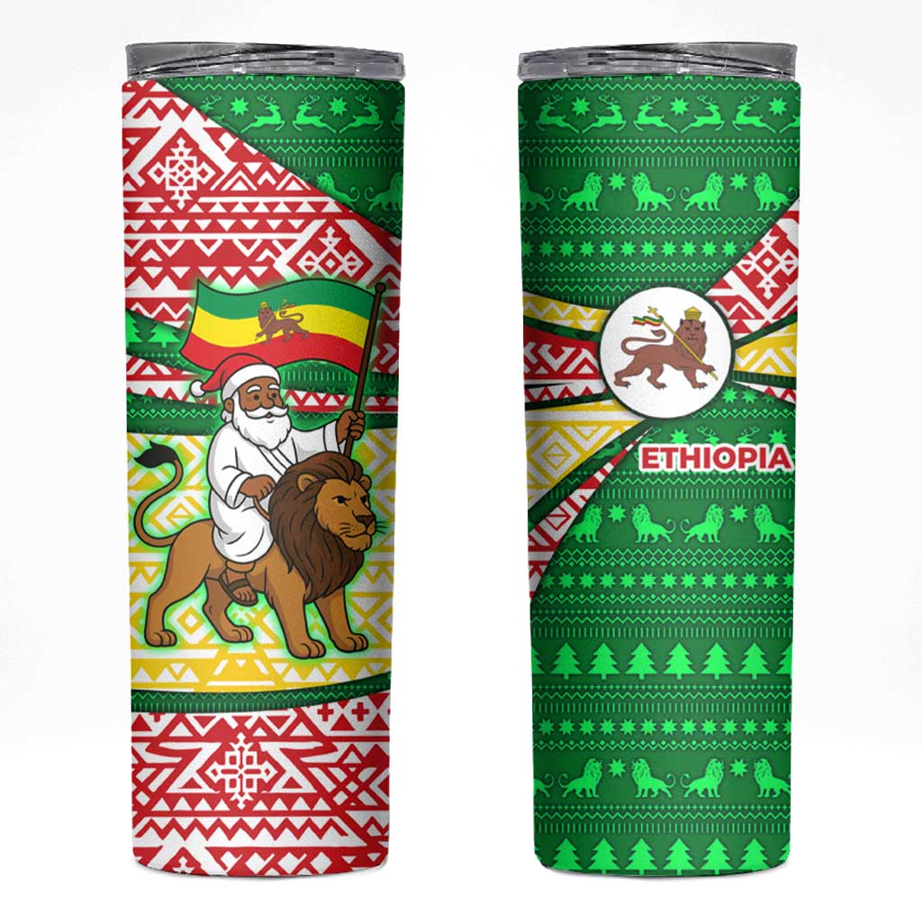 Ethiopia Christmas Skinny Tumbler with Santa Riding Lion Ethiopian Flag Colors and Tribal Pattern Design - Wonder Print Shop
