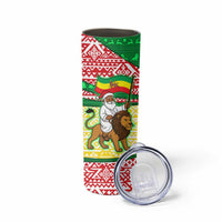 Ethiopia Christmas Skinny Tumbler with Santa Riding Lion Ethiopian Flag Colors and Tribal Pattern Design - Wonder Print Shop