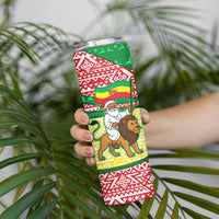 Ethiopia Christmas Skinny Tumbler with Santa Riding Lion Ethiopian Flag Colors and Tribal Pattern Design - Wonder Print Shop