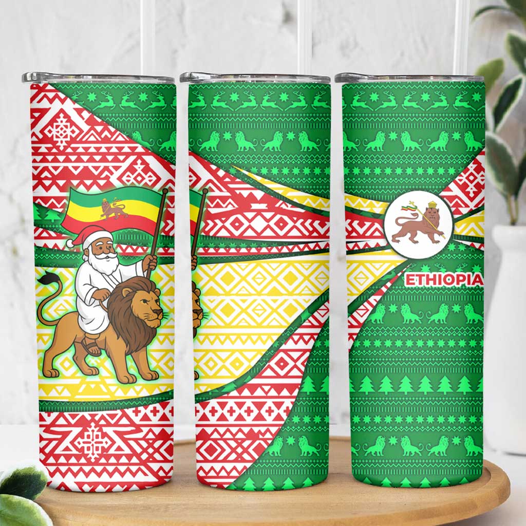 Ethiopia Christmas Skinny Tumbler with Santa Riding Lion Ethiopian Flag Colors and Tribal Pattern Design - Wonder Print Shop