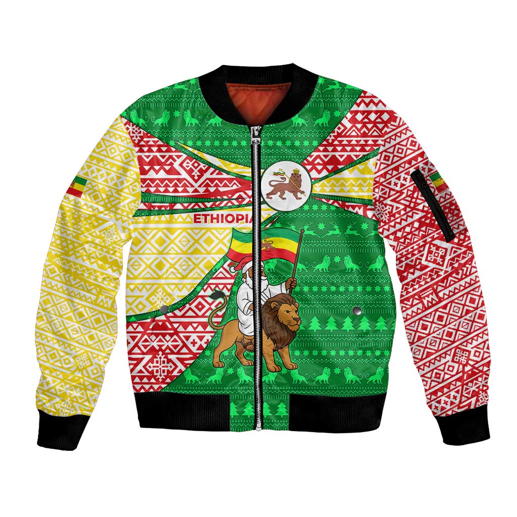 Ethiopia Christmas Sleeve Zip Bomber Jacket with Santa Riding Lion Ethiopian Flag Colors and Tribal Pattern Design - Wonder Print Shop