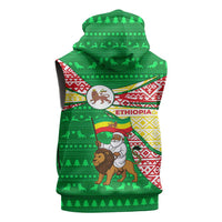 Ethiopia Christmas Sleeveless Hoodie with Santa Riding Lion Ethiopian Flag Colors and Tribal Pattern Design - Wonder Print Shop