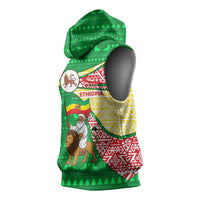 Ethiopia Christmas Sleeveless Hoodie with Santa Riding Lion Ethiopian Flag Colors and Tribal Pattern Design - Wonder Print Shop