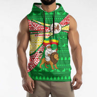 Ethiopia Christmas Sleeveless Hoodie with Santa Riding Lion Ethiopian Flag Colors and Tribal Pattern Design - Wonder Print Shop