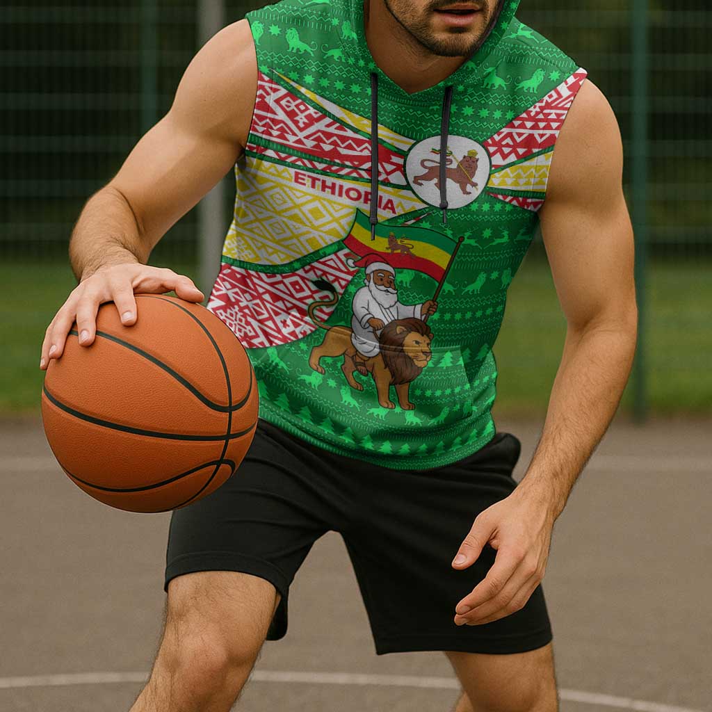 Ethiopia Christmas Sleeveless Hoodie with Santa Riding Lion Ethiopian Flag Colors and Tribal Pattern Design - Wonder Print Shop
