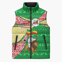 Ethiopia Christmas Sleeveless Puffer Jacket with Santa Riding Lion Ethiopian Flag Colors and Tribal Pattern Design - Wonder Print Shop