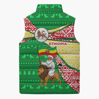 Ethiopia Christmas Sleeveless Puffer Jacket with Santa Riding Lion Ethiopian Flag Colors and Tribal Pattern Design - Wonder Print Shop