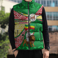 Ethiopia Christmas Sleeveless Puffer Jacket with Santa Riding Lion Ethiopian Flag Colors and Tribal Pattern Design - Wonder Print Shop