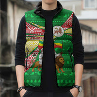 Ethiopia Christmas Sleeveless Puffer Jacket with Santa Riding Lion Ethiopian Flag Colors and Tribal Pattern Design - Wonder Print Shop