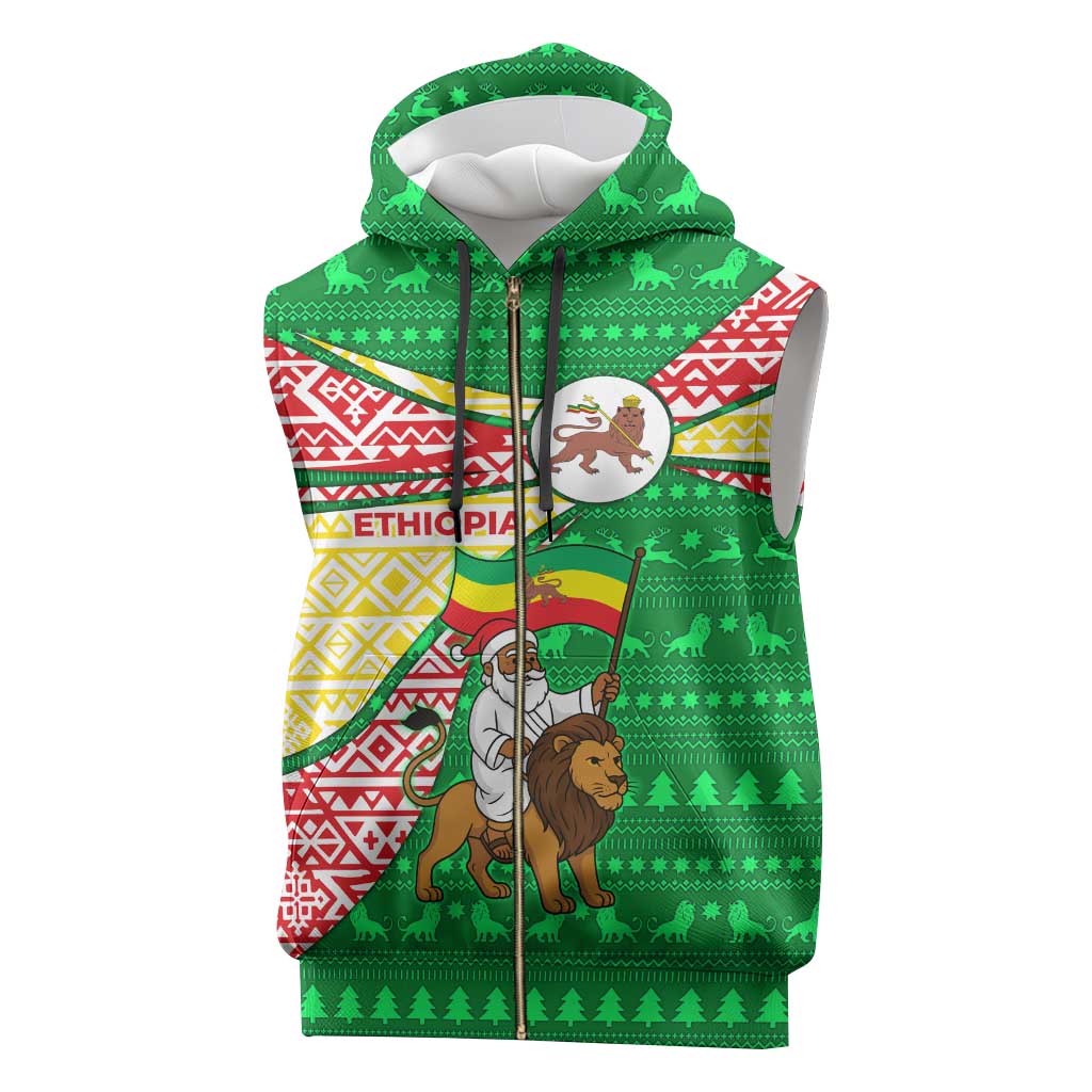 Ethiopia Christmas Sleeveless Zip Hoodie with Santa Riding Lion Ethiopian Flag Colors and Tribal Pattern Design - Wonder Print Shop