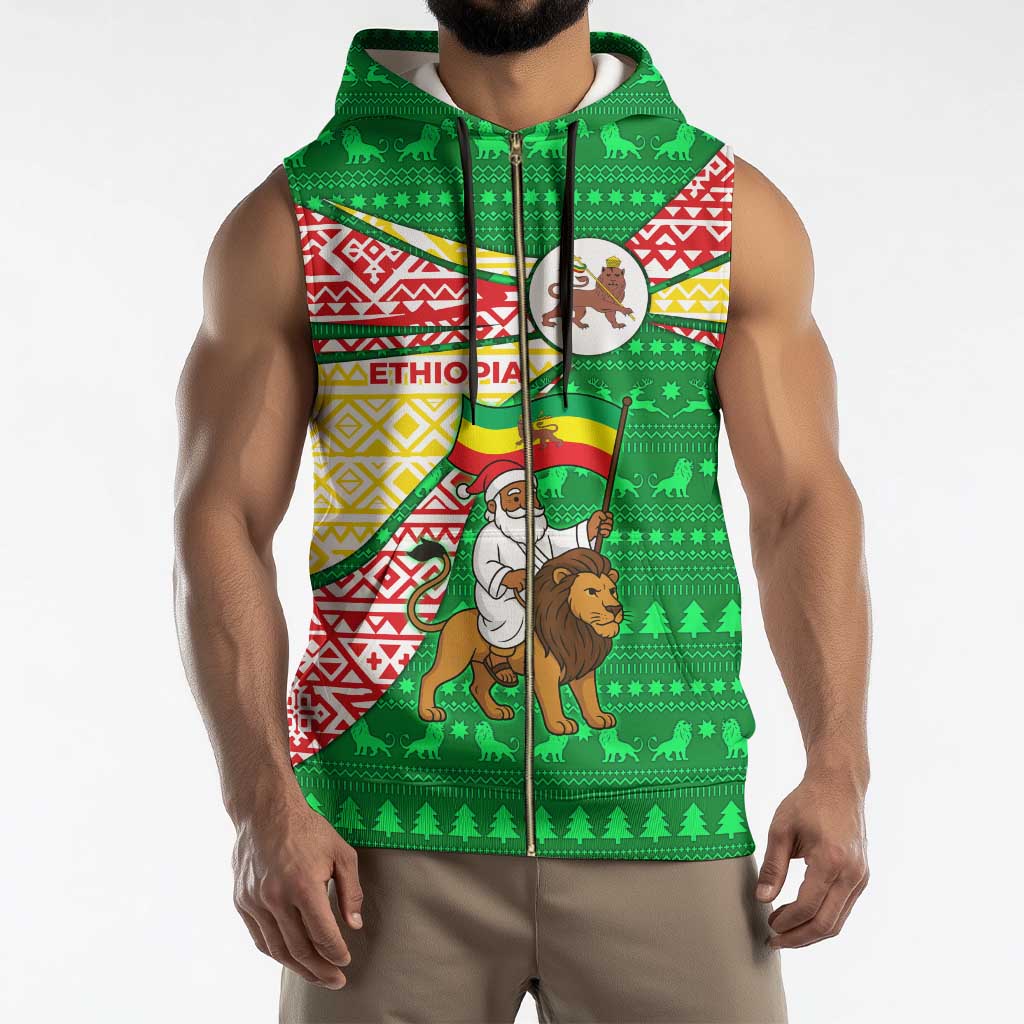 Ethiopia Christmas Sleeveless Zip Hoodie with Santa Riding Lion Ethiopian Flag Colors and Tribal Pattern Design - Wonder Print Shop