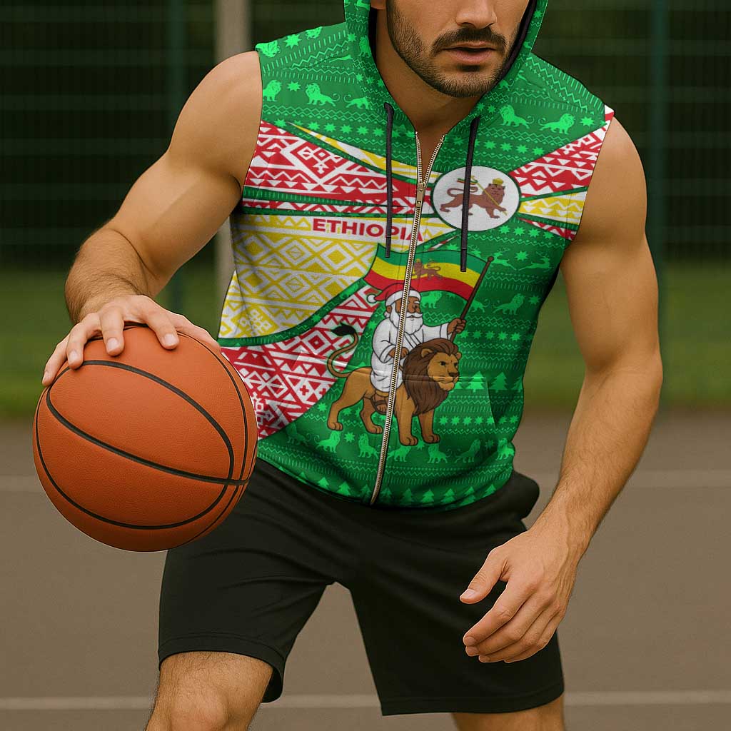 Ethiopia Christmas Sleeveless Zip Hoodie with Santa Riding Lion Ethiopian Flag Colors and Tribal Pattern Design - Wonder Print Shop