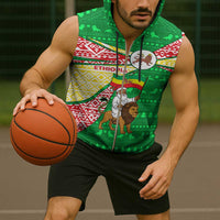 Ethiopia Christmas Sleeveless Zip Hoodie with Santa Riding Lion Ethiopian Flag Colors and Tribal Pattern Design - Wonder Print Shop