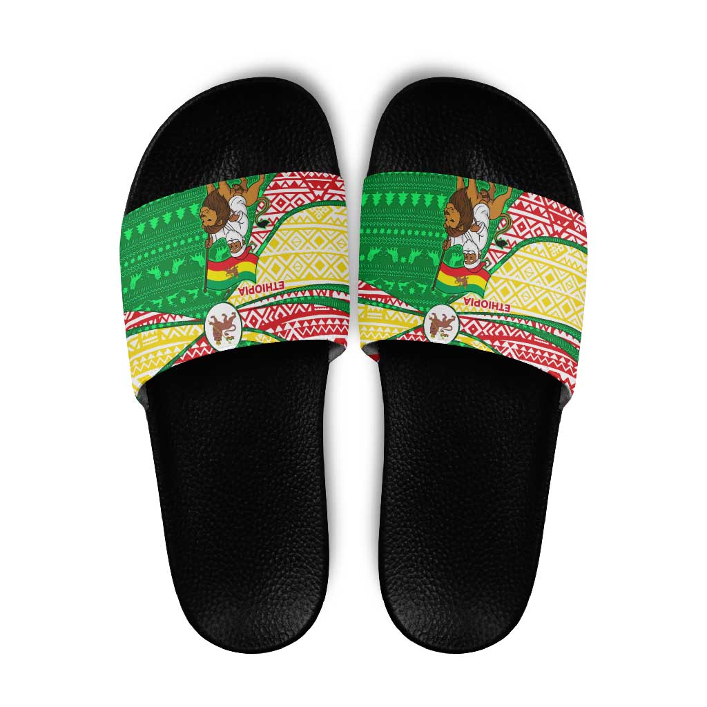 Ethiopia Christmas Slide Sandals with Santa Riding Lion Ethiopian Flag Colors and Tribal Pattern Design - Wonder Print Shop