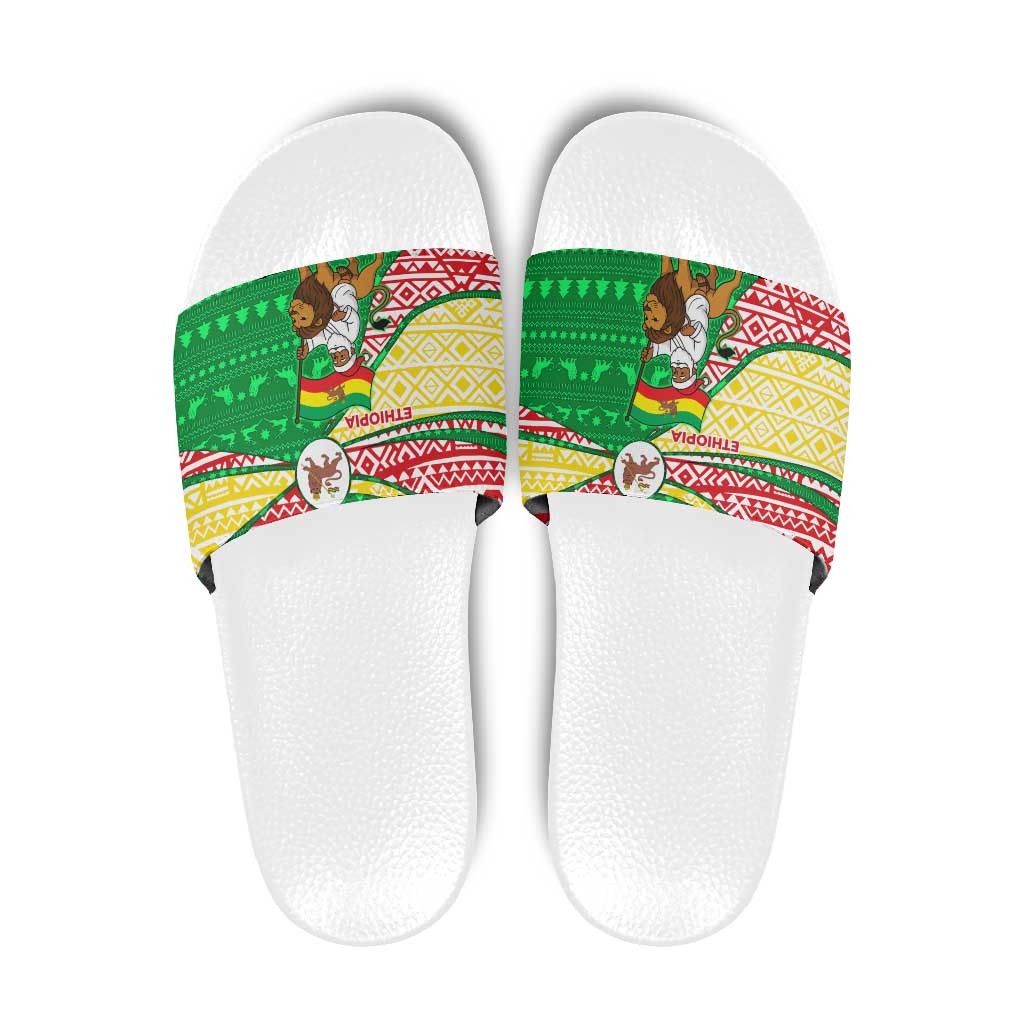 Ethiopia Christmas Slide Sandals with Santa Riding Lion Ethiopian Flag Colors and Tribal Pattern Design - Wonder Print Shop
