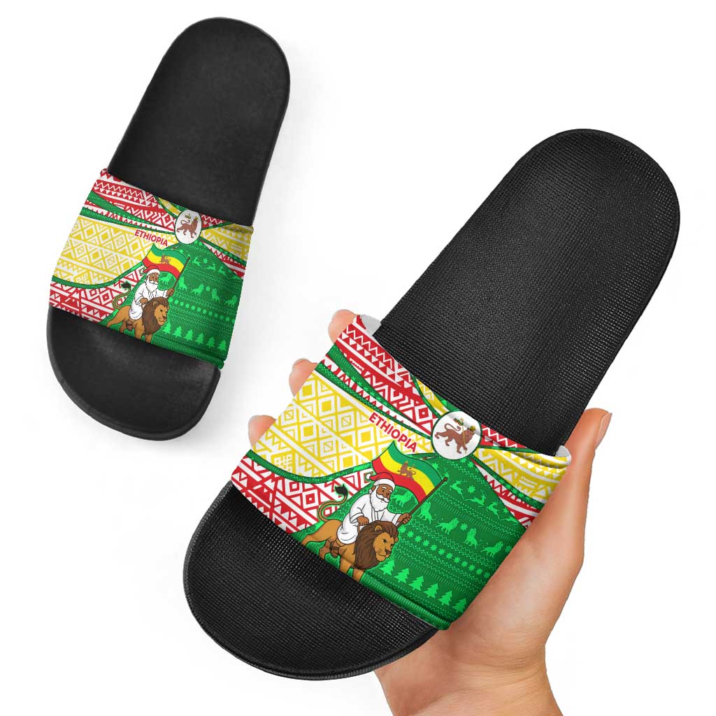 Ethiopia Christmas Slide Sandals with Santa Riding Lion Ethiopian Flag Colors and Tribal Pattern Design - Wonder Print Shop