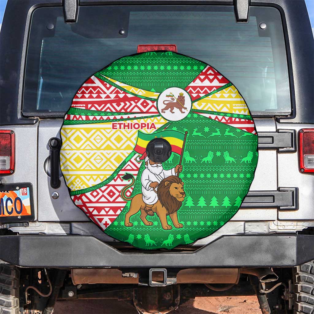 Ethiopia Christmas Spare Tire Cover with Santa Riding Lion Ethiopian Flag Colors and Tribal Pattern Design - Wonder Print Shop
