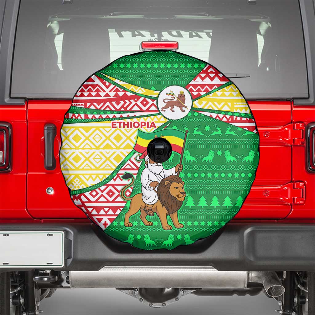 Ethiopia Christmas Spare Tire Cover with Santa Riding Lion Ethiopian Flag Colors and Tribal Pattern Design - Wonder Print Shop