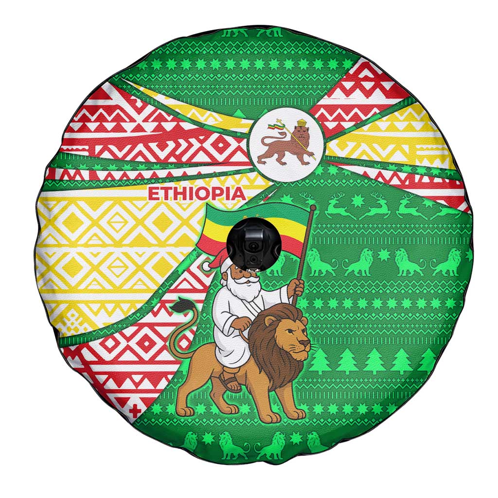 Ethiopia Christmas Spare Tire Cover with Santa Riding Lion Ethiopian Flag Colors and Tribal Pattern Design - Wonder Print Shop