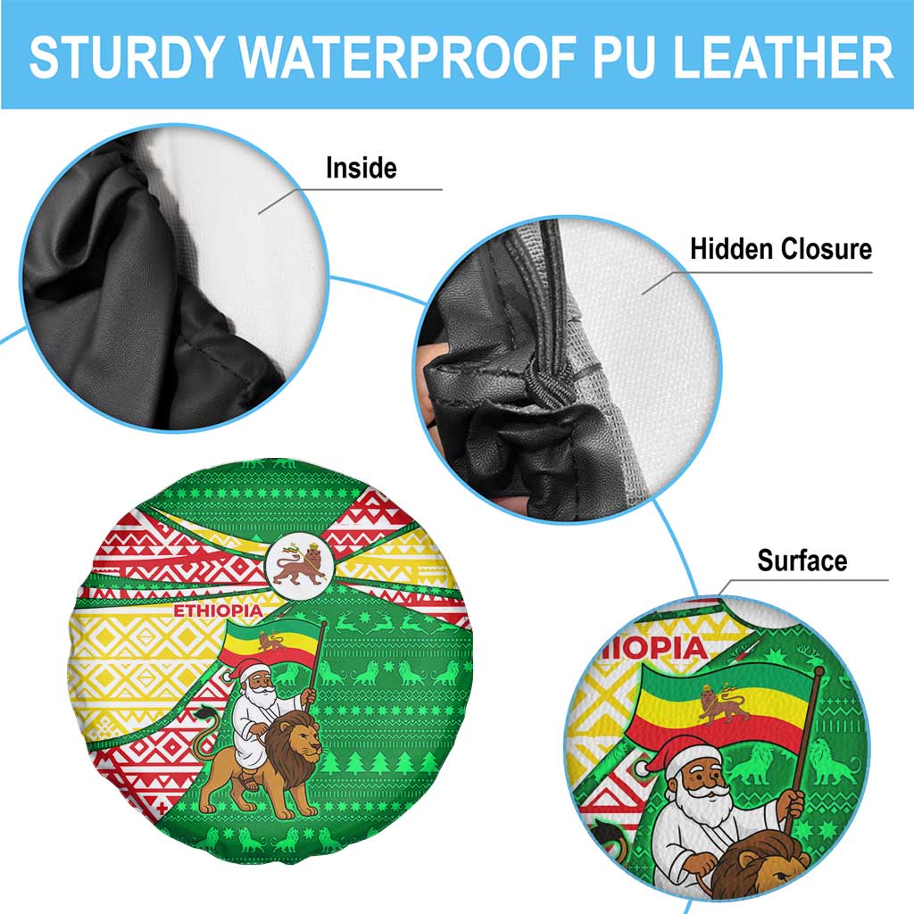 Ethiopia Christmas Spare Tire Cover with Santa Riding Lion Ethiopian Flag Colors and Tribal Pattern Design - Wonder Print Shop