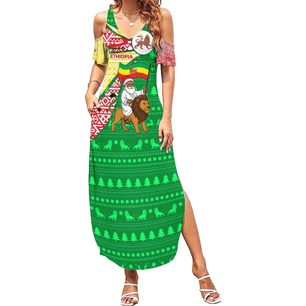 Ethiopia Christmas Summer Maxi Dress with Santa Riding Lion Ethiopian Flag Colors and Tribal Pattern Design - Wonder Print Shop