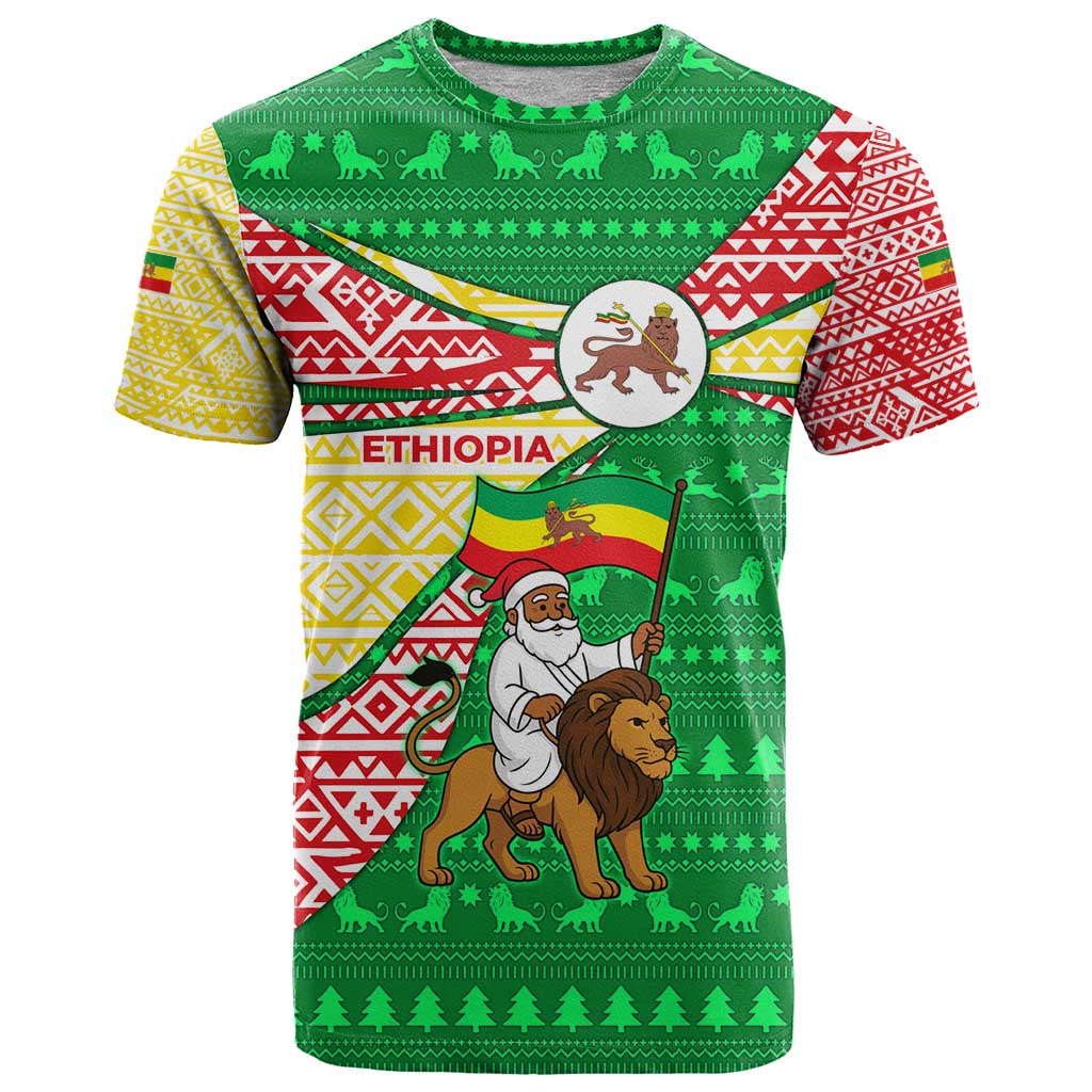 Ethiopia Christmas T Shirt with Santa Riding Lion Ethiopian Flag Colors and Tribal Pattern Design - Wonder Print Shop