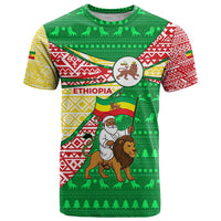 Ethiopia Christmas T Shirt with Santa Riding Lion Ethiopian Flag Colors and Tribal Pattern Design - Wonder Print Shop
