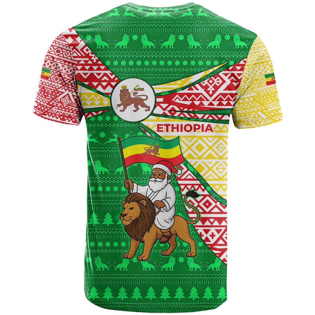 Ethiopia Christmas T Shirt with Santa Riding Lion Ethiopian Flag Colors and Tribal Pattern Design - Wonder Print Shop