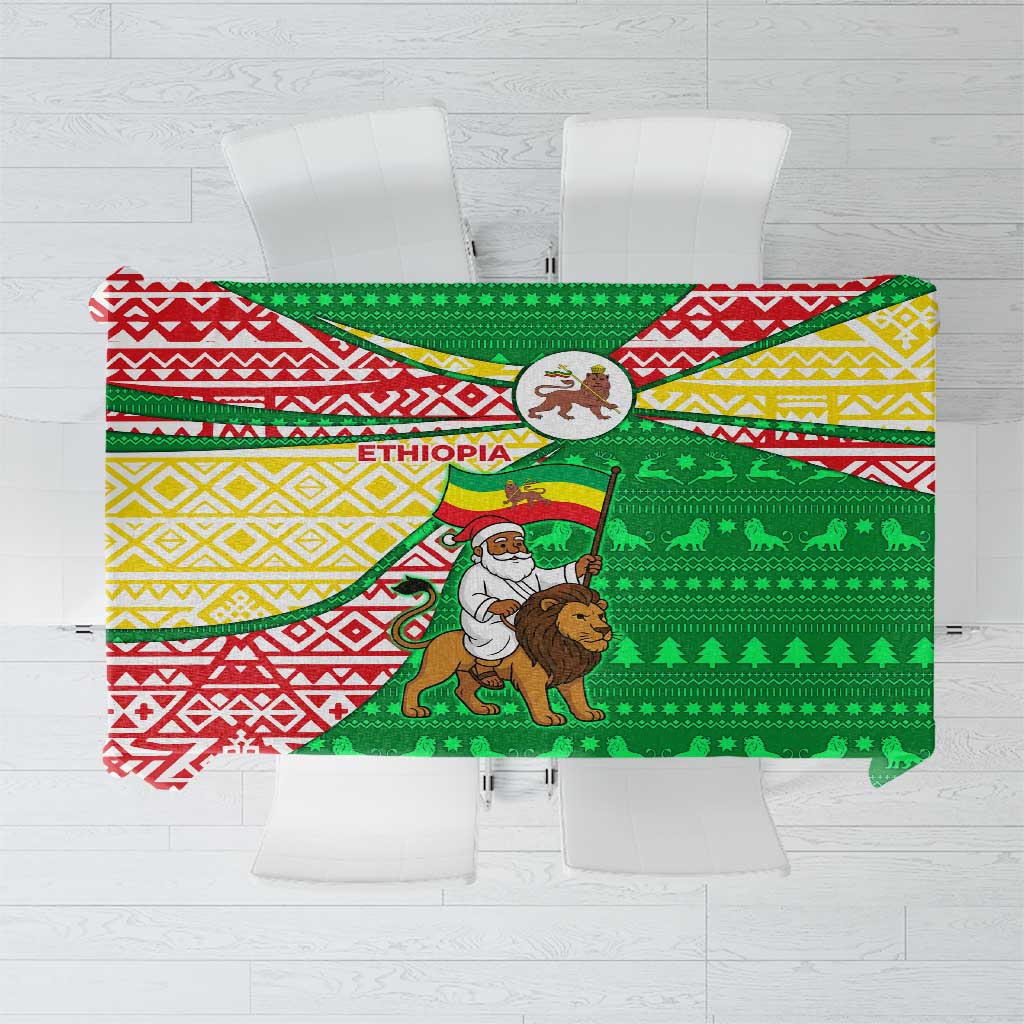 Ethiopia Christmas Tablecloth with Santa Riding Lion Ethiopian Flag Colors and Tribal Pattern Design - Wonder Print Shop