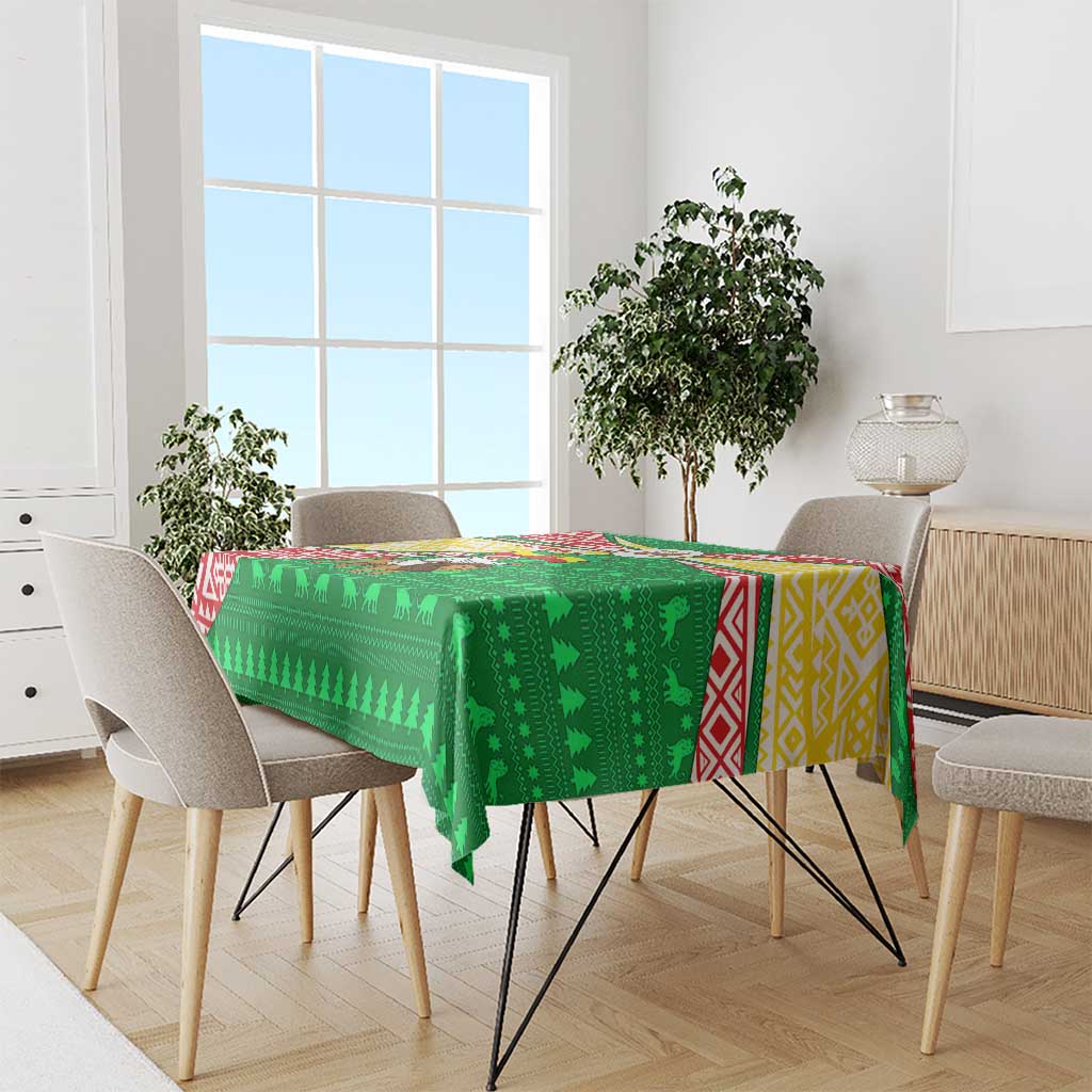 Ethiopia Christmas Tablecloth with Santa Riding Lion Ethiopian Flag Colors and Tribal Pattern Design - Wonder Print Shop