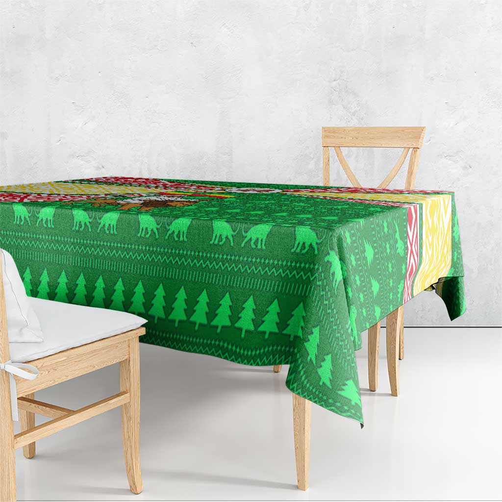 Ethiopia Christmas Tablecloth with Santa Riding Lion Ethiopian Flag Colors and Tribal Pattern Design - Wonder Print Shop
